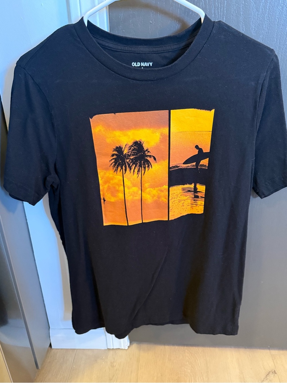Old Navy Black Short-Sleeve Tee with Orange Sunset Graphic